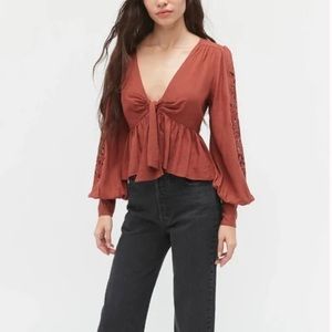 UO | Margo Embroidered Balloon Sleeve Blouse